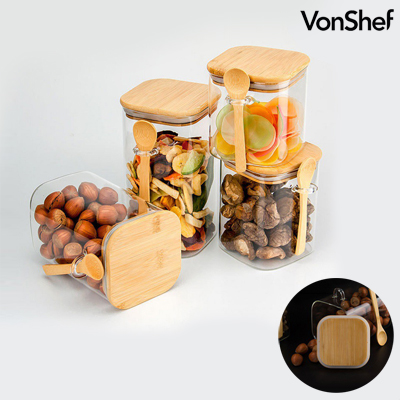 YC-SJ032 - Square Borosilicate Kitchen Storage Glass Jar with Airtight Bamboo Cover